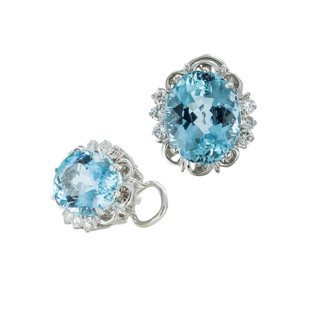 Aquamarine diamond and white gold clip-on earrings circa 1950.*

ABOUT THIS ITEM:  #E-DJ68G. Scroll down for specifications.  These button-style aquamarine and diamond earrings are set with a pair of bright and blue aquamarines.  There are no green