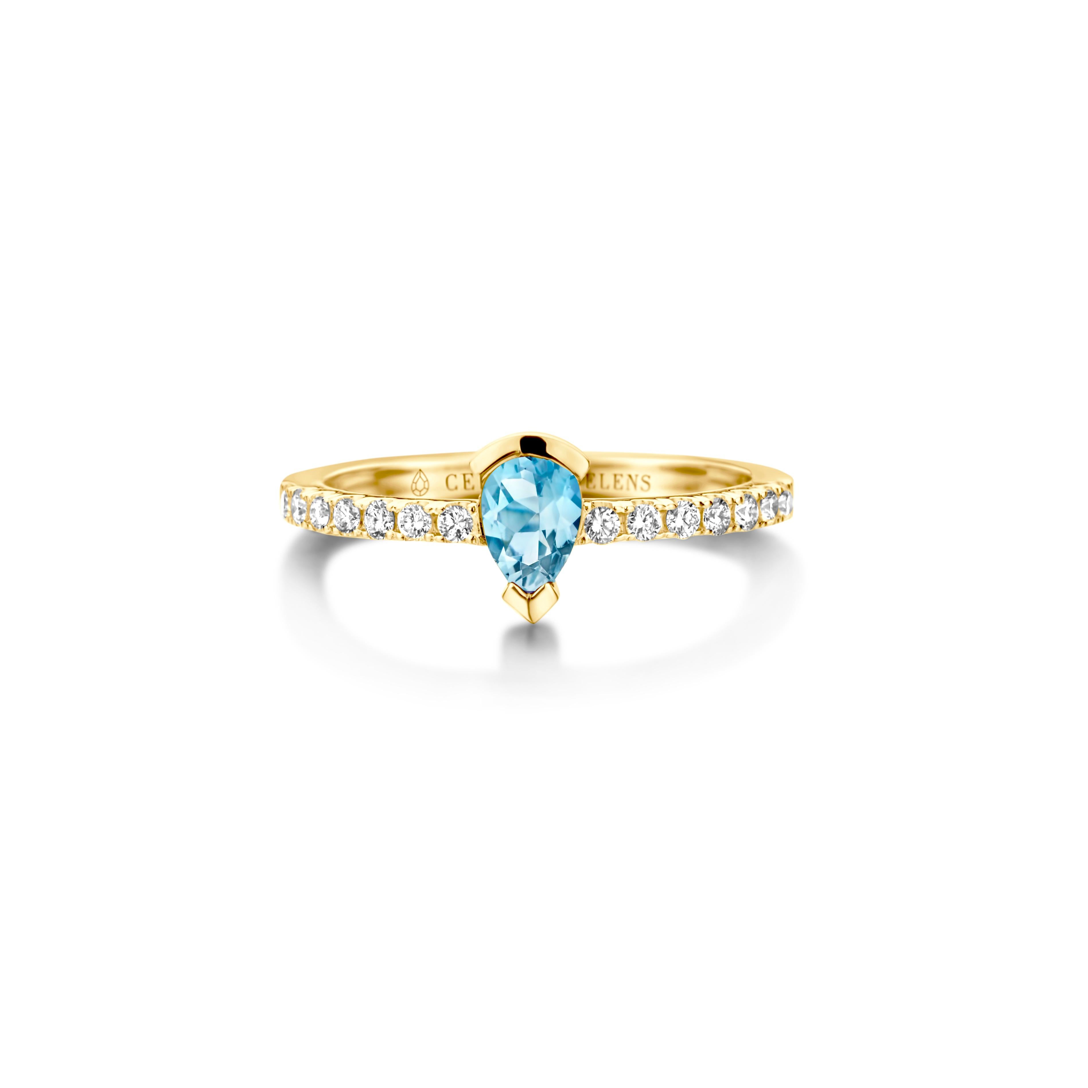 Adeline Straight ring in 18Kt white gold set with a pear-shaped aquamarine and 0,24 Ct of white brilliant cut diamonds - VS F quality. Also, available in yellow gold and white gold. Celine Roelens, a goldsmith and gemologist, is specialized in