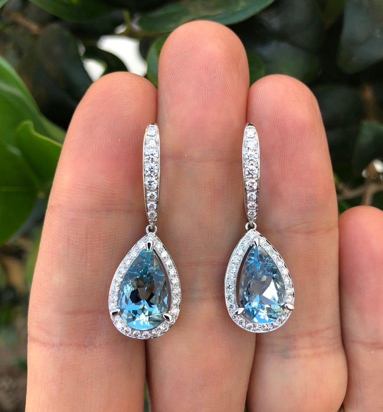Aquamarine Diamond White Gold Lever Back Drop Earrings Pear Shape 5.23