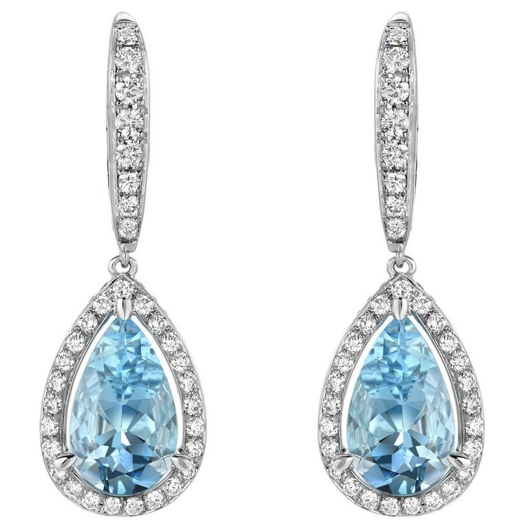 Aquamarine Diamond White Gold Lever Back Drop Earrings Pear Shape 5.23