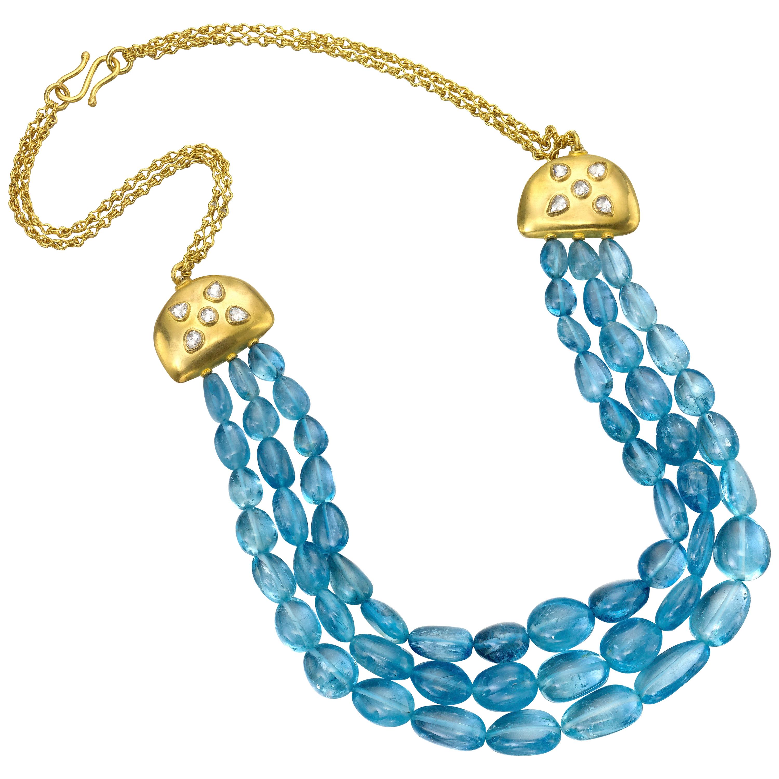 Aquamarine Diamond Yellow Gold 22 Karat Gold Necklace