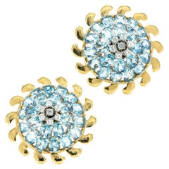 Aquamarine Diamond Yellow Gold Clip On Cluster Earrings