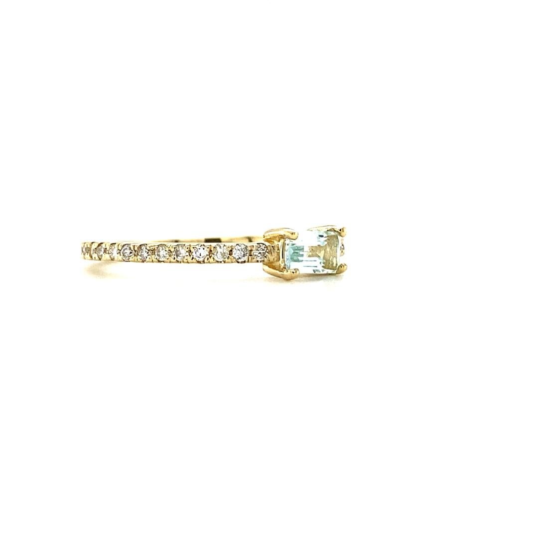 Aquamarine Diamond Yellow Gold Cocktail Ring
Simple yet Elegant.....This classic design is going to elevate your accessory wardrobe!   

Item Specs:

1 Straight Cut Baguette Cut Aquamarine weighing 0.27 Carats
30 Round Cut Diamonds weighing 0.21