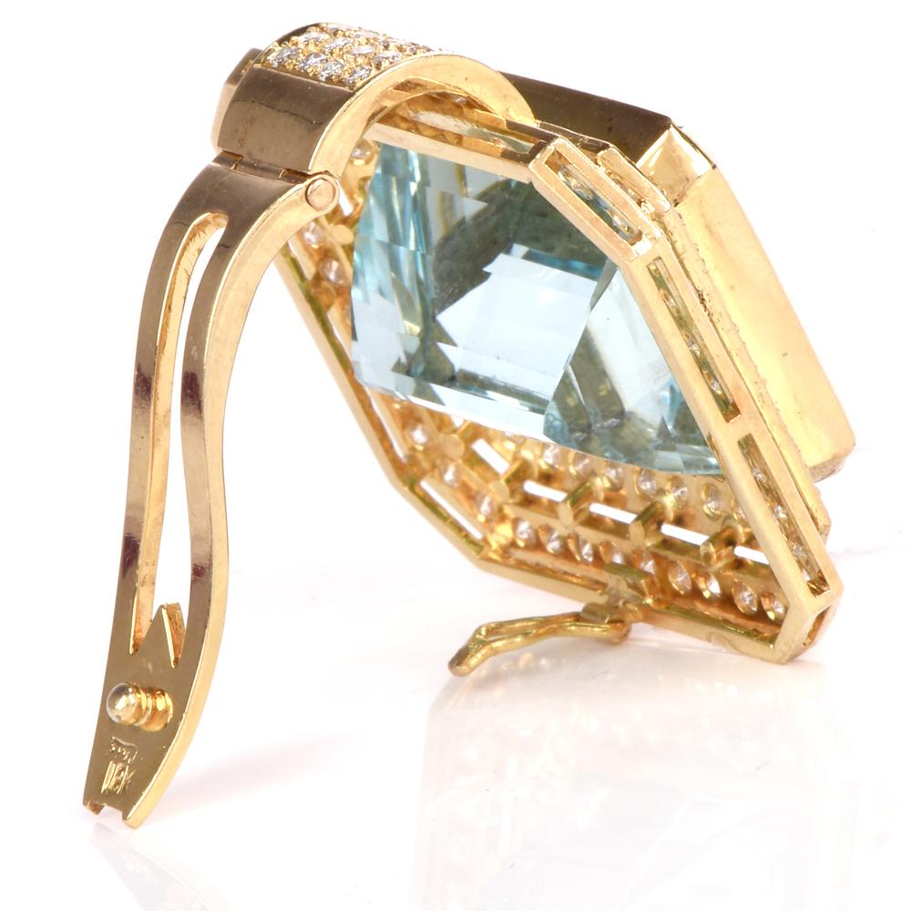 Vinatge GIA Aquamarine Diamond Yellow Gold Square Pendant Enhancer In Excellent Condition In Miami, FL