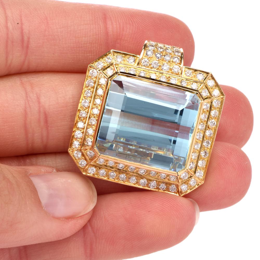 Women's Vinatge GIA Aquamarine Diamond Yellow Gold Square Pendant Enhancer