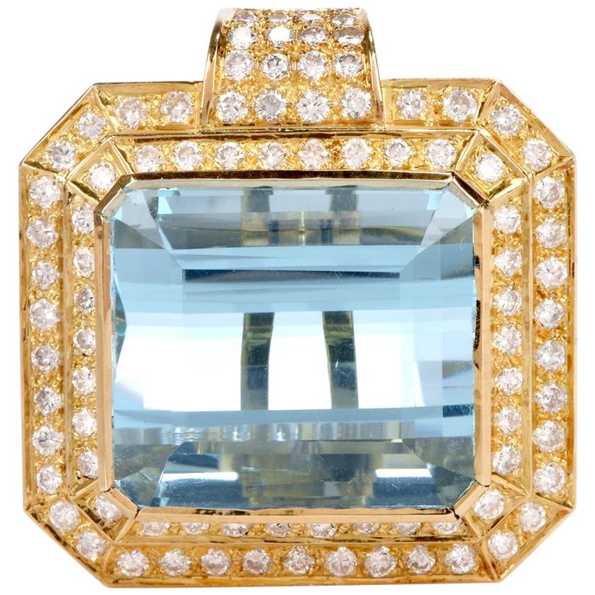 Vinatge GIA Aquamarine Diamond Yellow Gold Square Pendant Enhancer