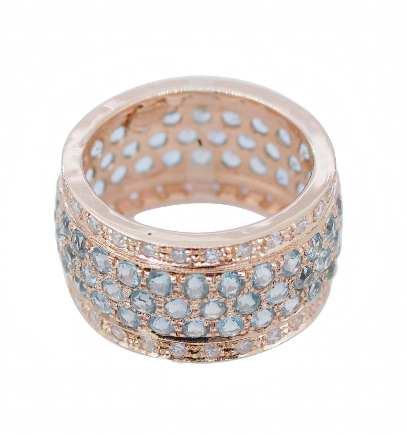 Retro Aquamarine, Diamonds, 14 Karat Rose Gold Band Ring For Sale