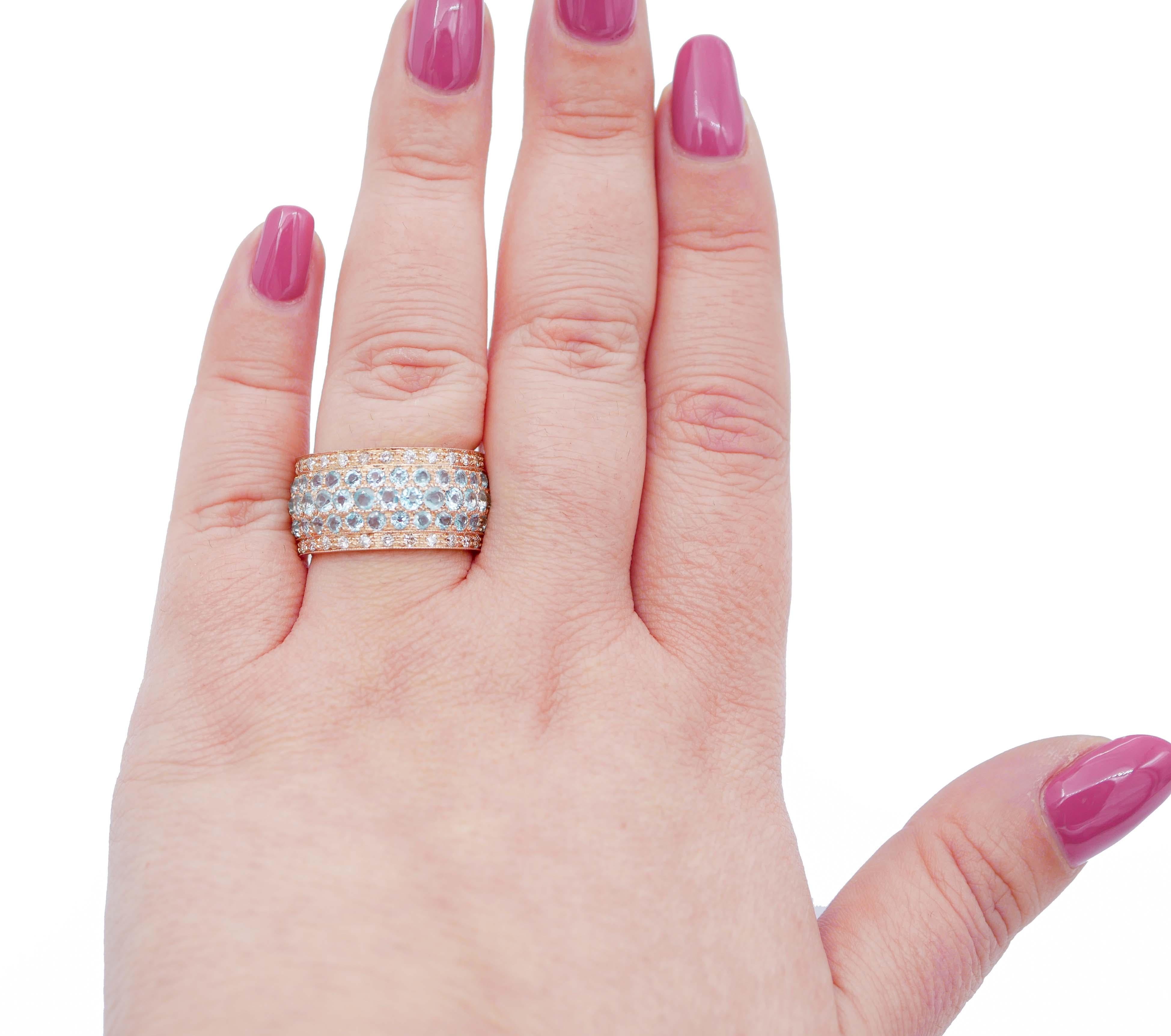 Mixed Cut Aquamarine, Diamonds, 14 Karat Rose Gold Band Ring For Sale