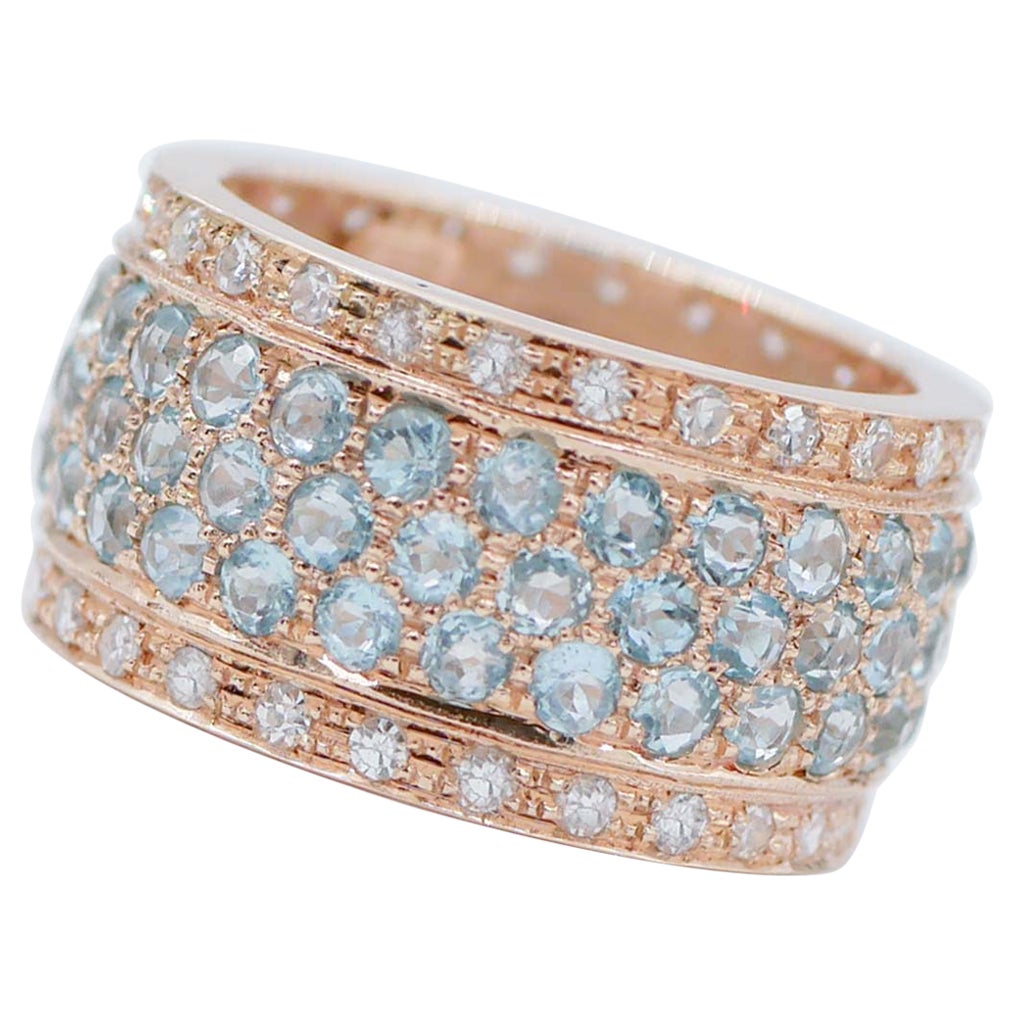 Aquamarine, Diamonds, 14 Karat Rose Gold Band Ring For Sale