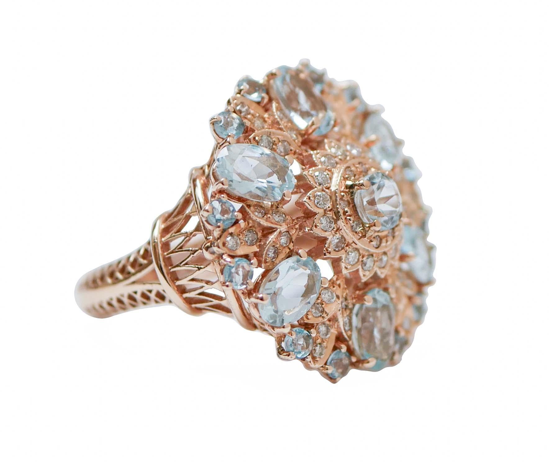 Retro Aquamarine, Diamonds, 14 Karat Rose Gold Ring.