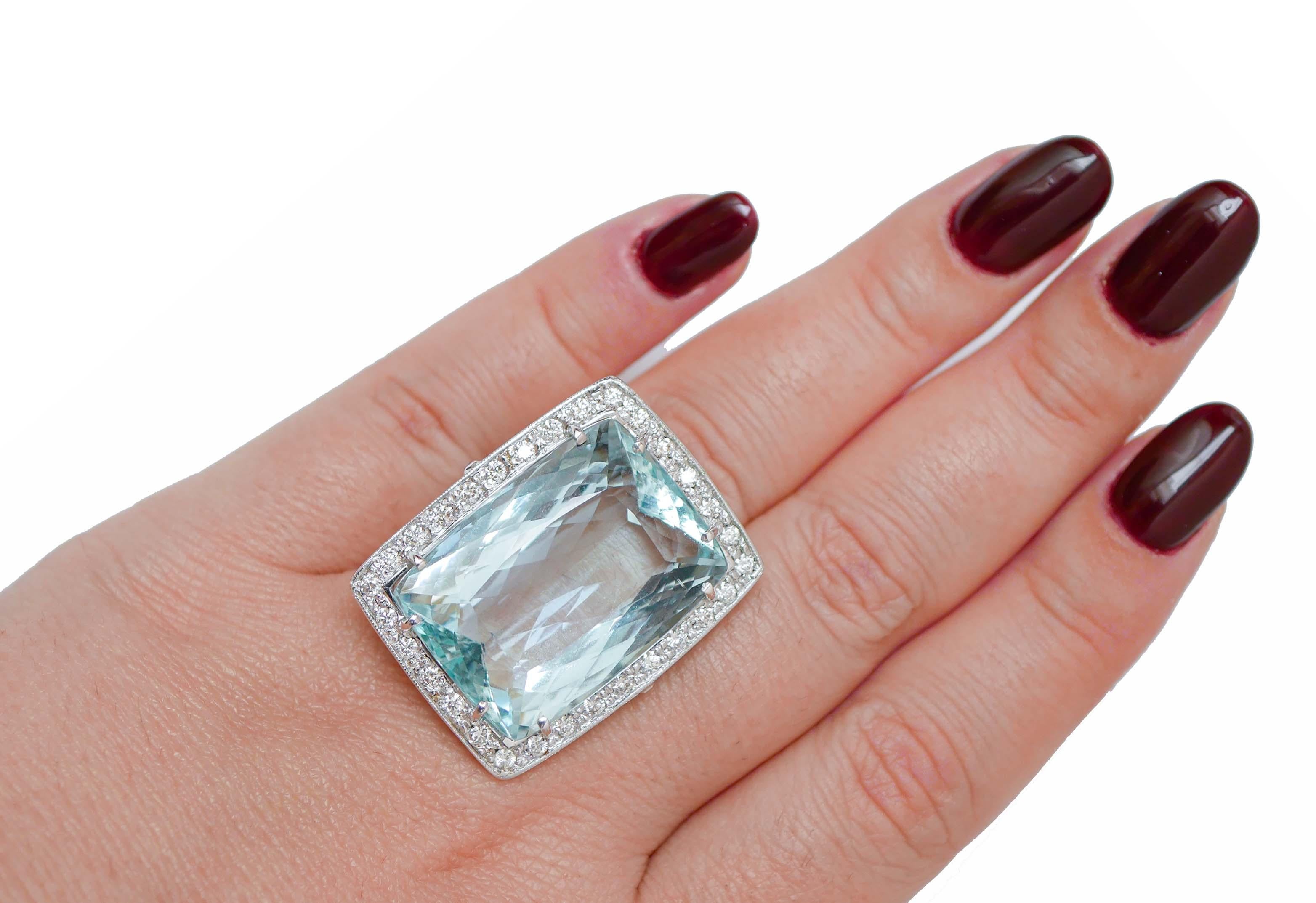 Mixed Cut Aquamarine, Diamonds,  14 Karat White Gold Ring. For Sale