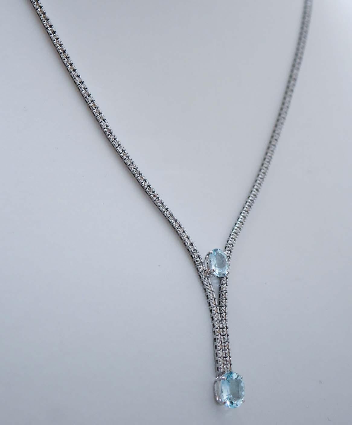 Retro Aquamarine, Diamonds, 14 Karat White Gold Tennis Necklace. For Sale