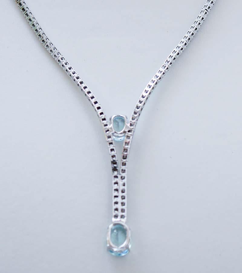 Mixed Cut Aquamarine, Diamonds, 14 Karat White Gold Tennis Necklace. For Sale