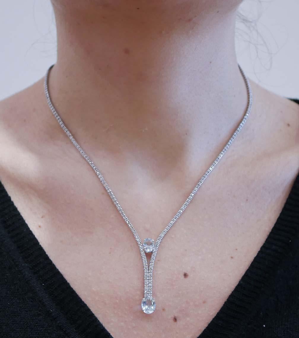 Women's Aquamarine, Diamonds, 14 Karat White Gold Tennis Necklace. For Sale