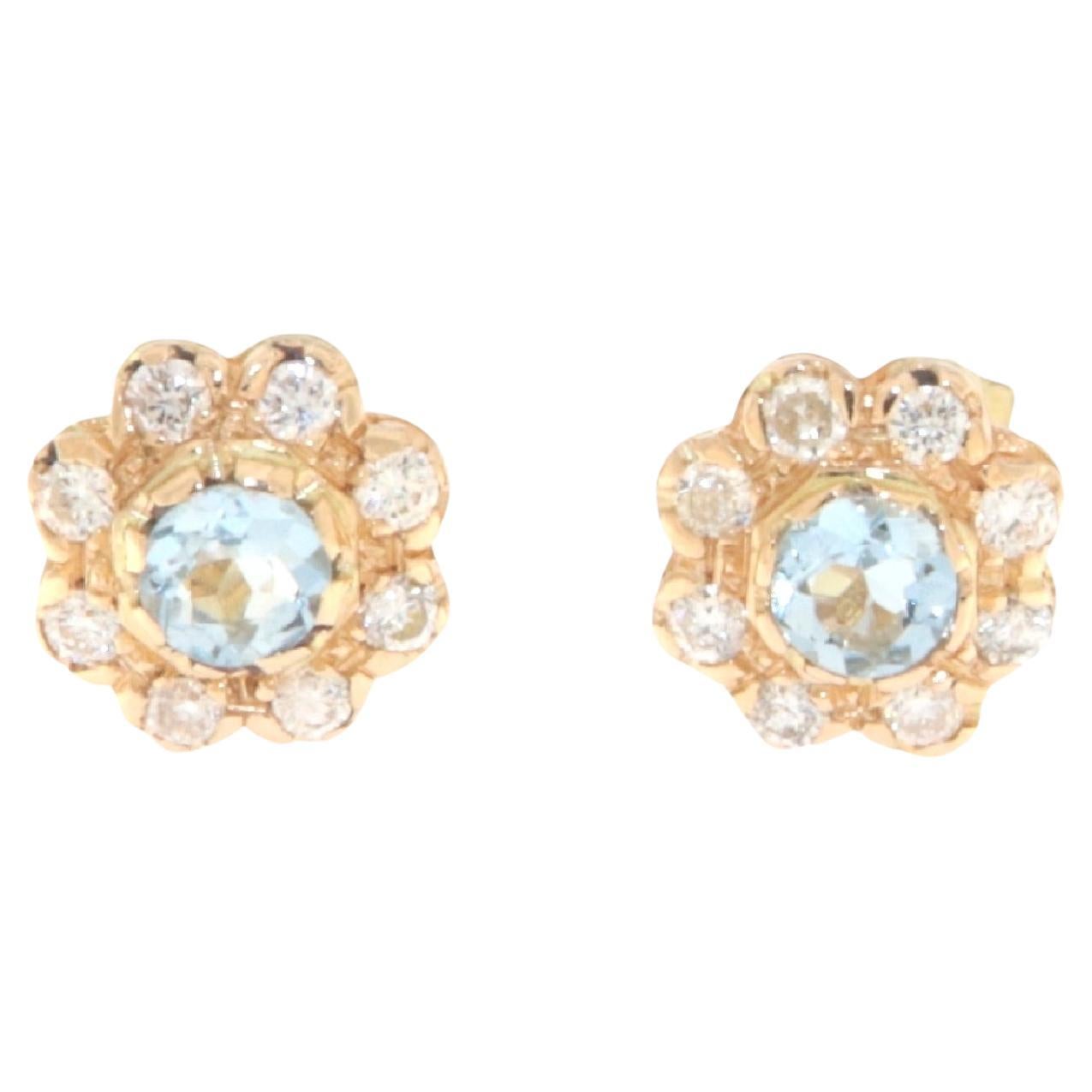 Aquamarine Diamonds 14 Karat Yellow Gold Stud Earrings For Sale