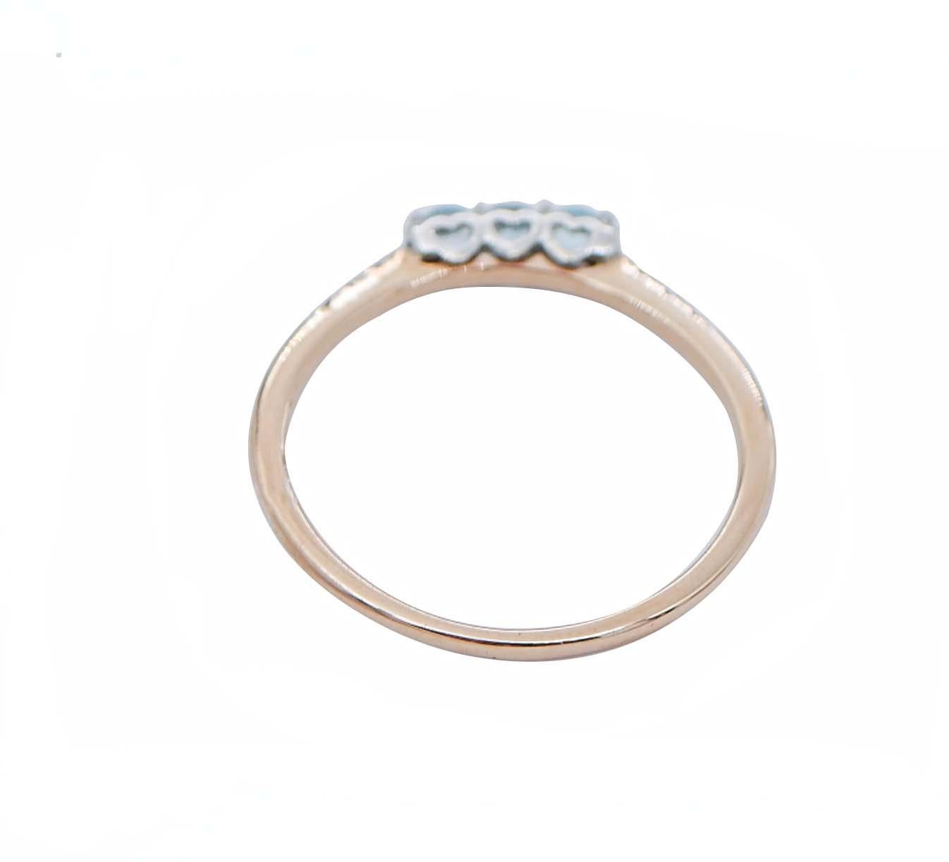 Moderner Ring aus 18 Karat Roségold mit Aquamarin, Diamanten und weißem Ziegenleder (Gemischter Schliff) im Angebot