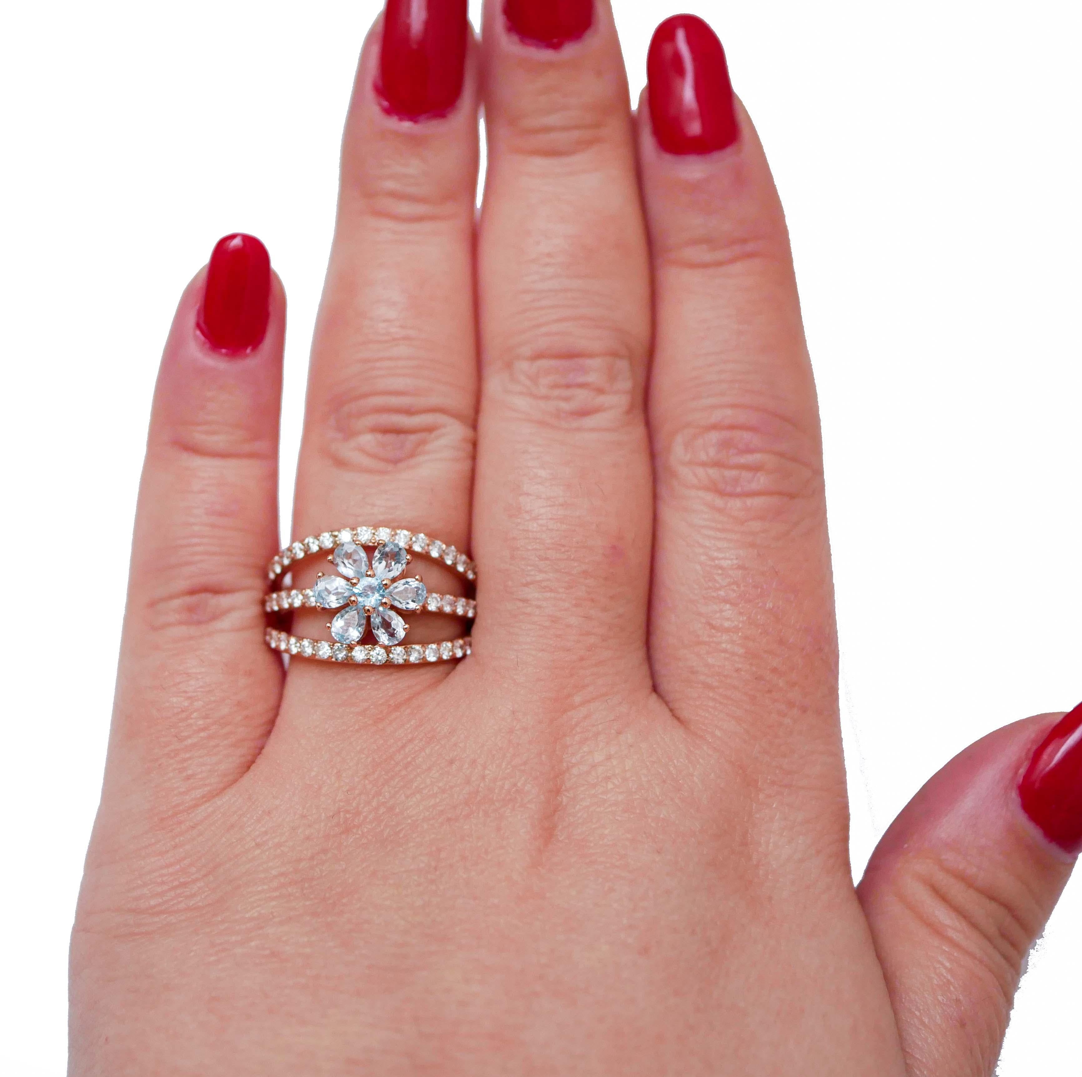 Mixed Cut Aquamarine, Diamonds, 18 Karat Rose Gold Ring. For Sale