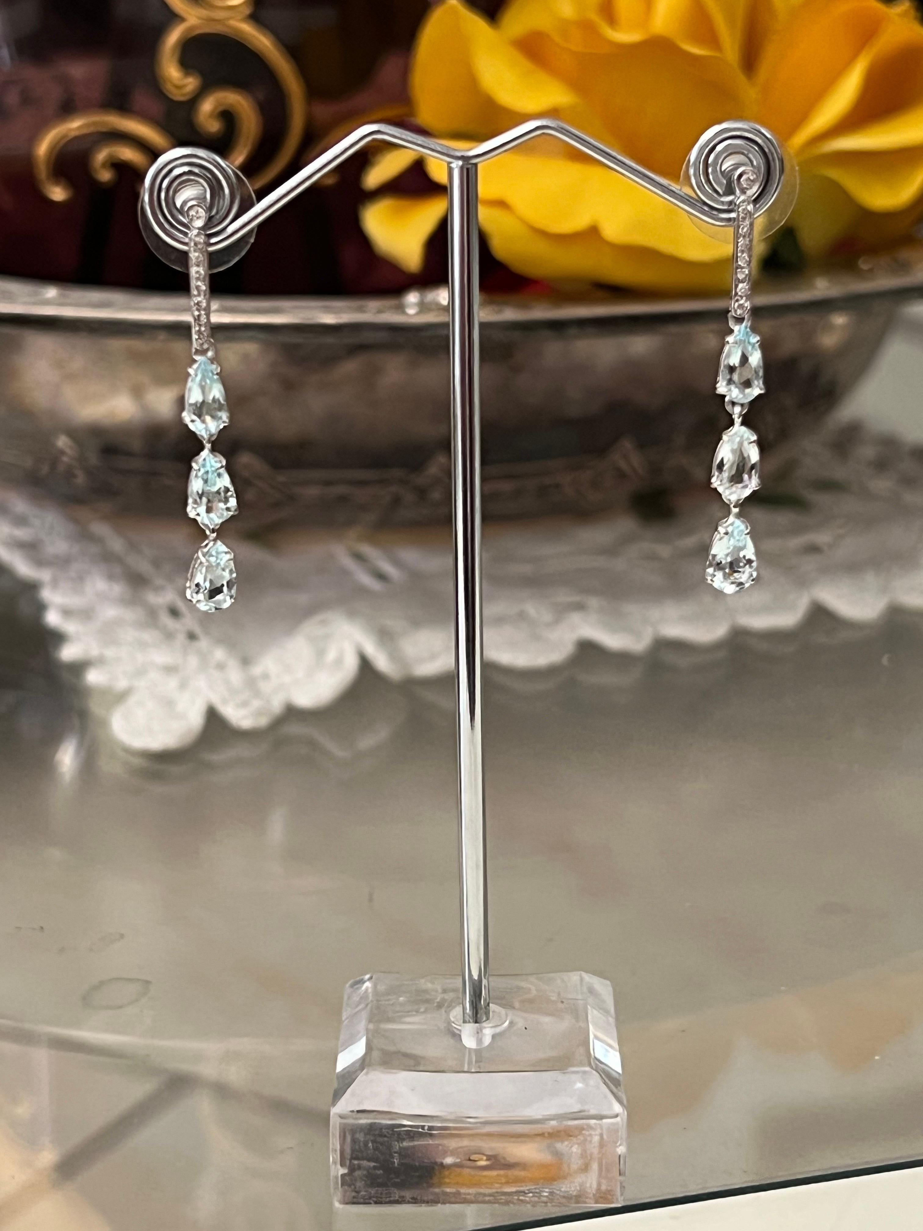 Aquamarine Diamonds 18 Karat White Gold Drop Earrings For Sale 4