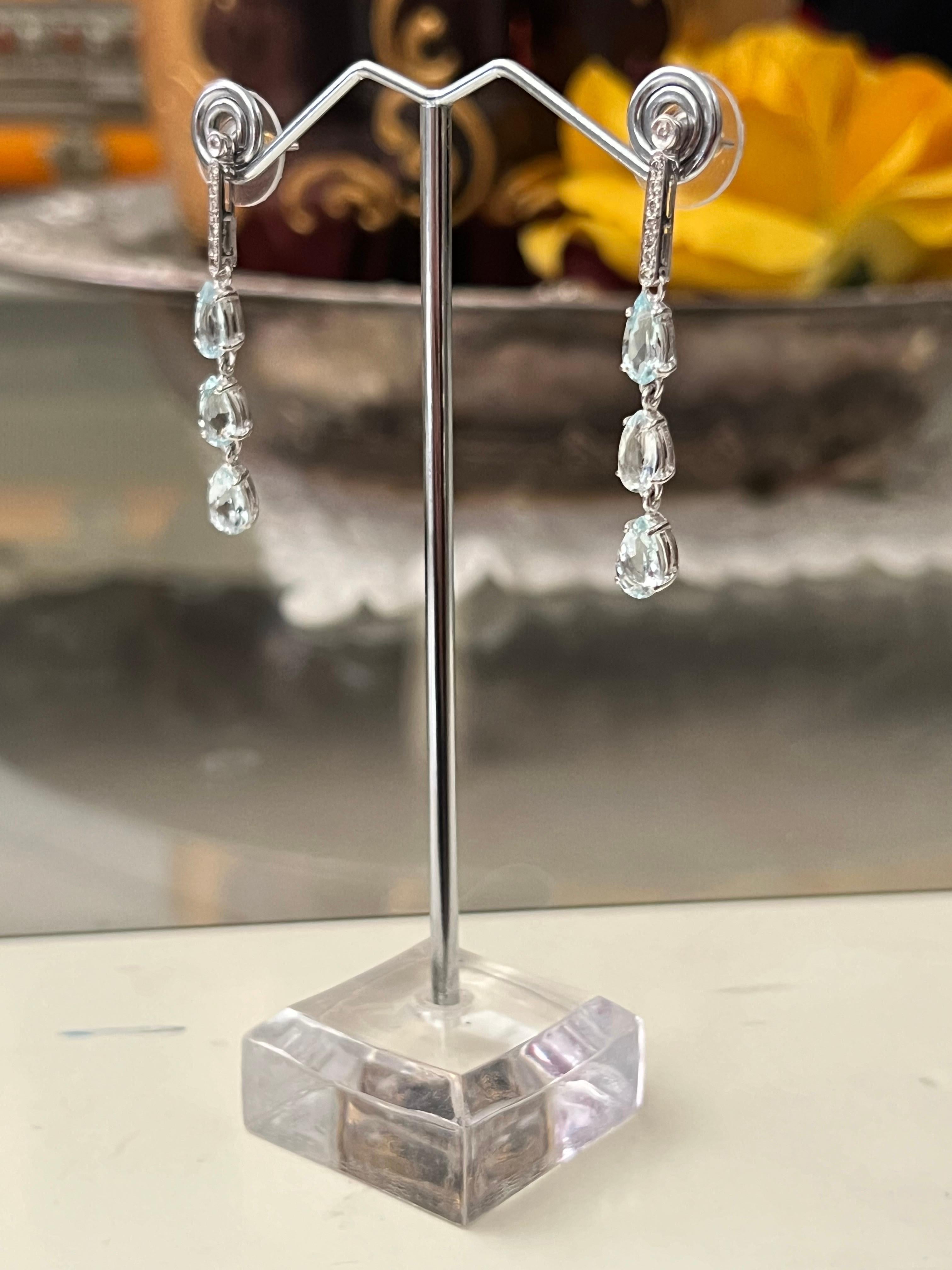Aquamarine Diamonds 18 Karat White Gold Drop Earrings For Sale 6
