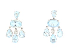 "Modern 18K White Gold Fine Aquamarine & Diamond Multi-Drop Girandole Earrings