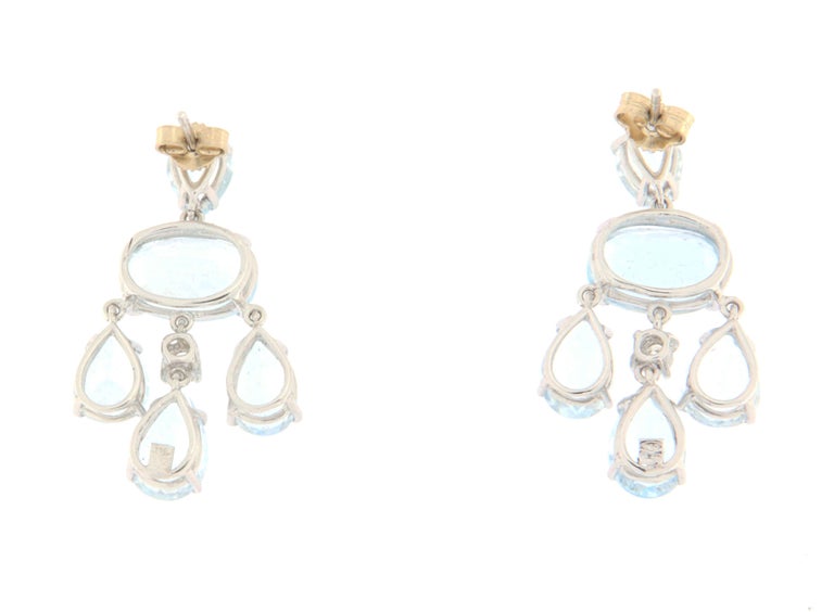 Boucles D'oreilles Pendantes En Or Blanc 18k - Aigue-marine Naturelle Et Diamants