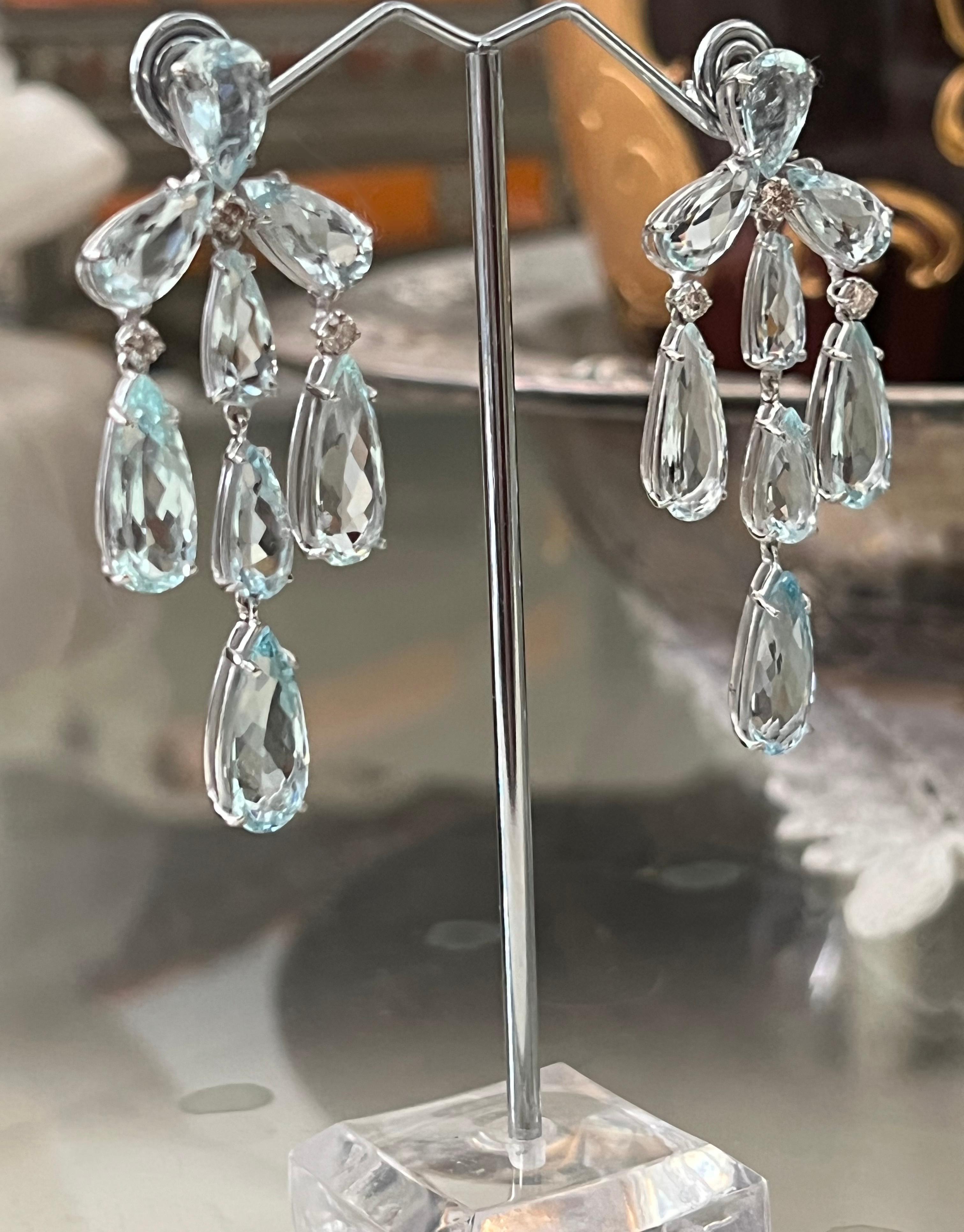 Brilliant Cut Aquamarine Diamonds 18 Karat White Gold Drop Earrings For Sale