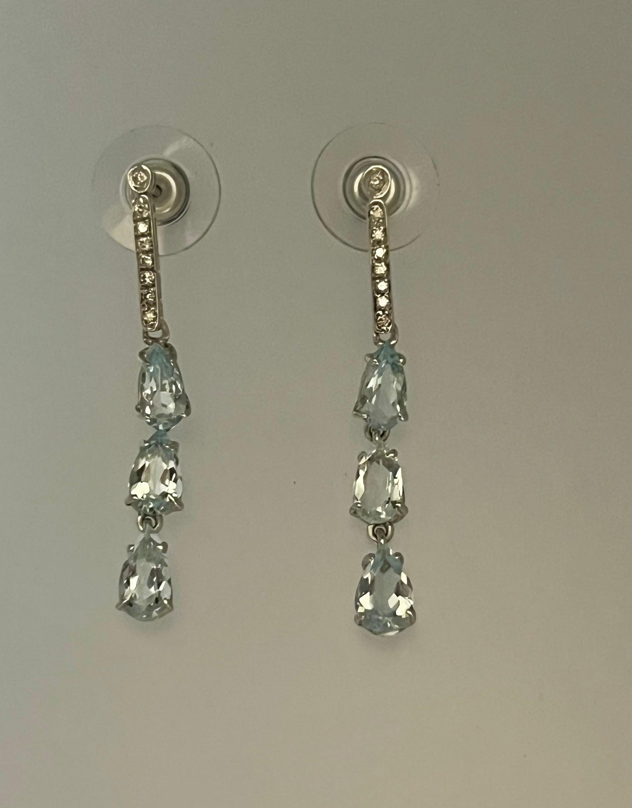 Aquamarine Diamonds 18 Karat White Gold Drop Earrings For Sale 2