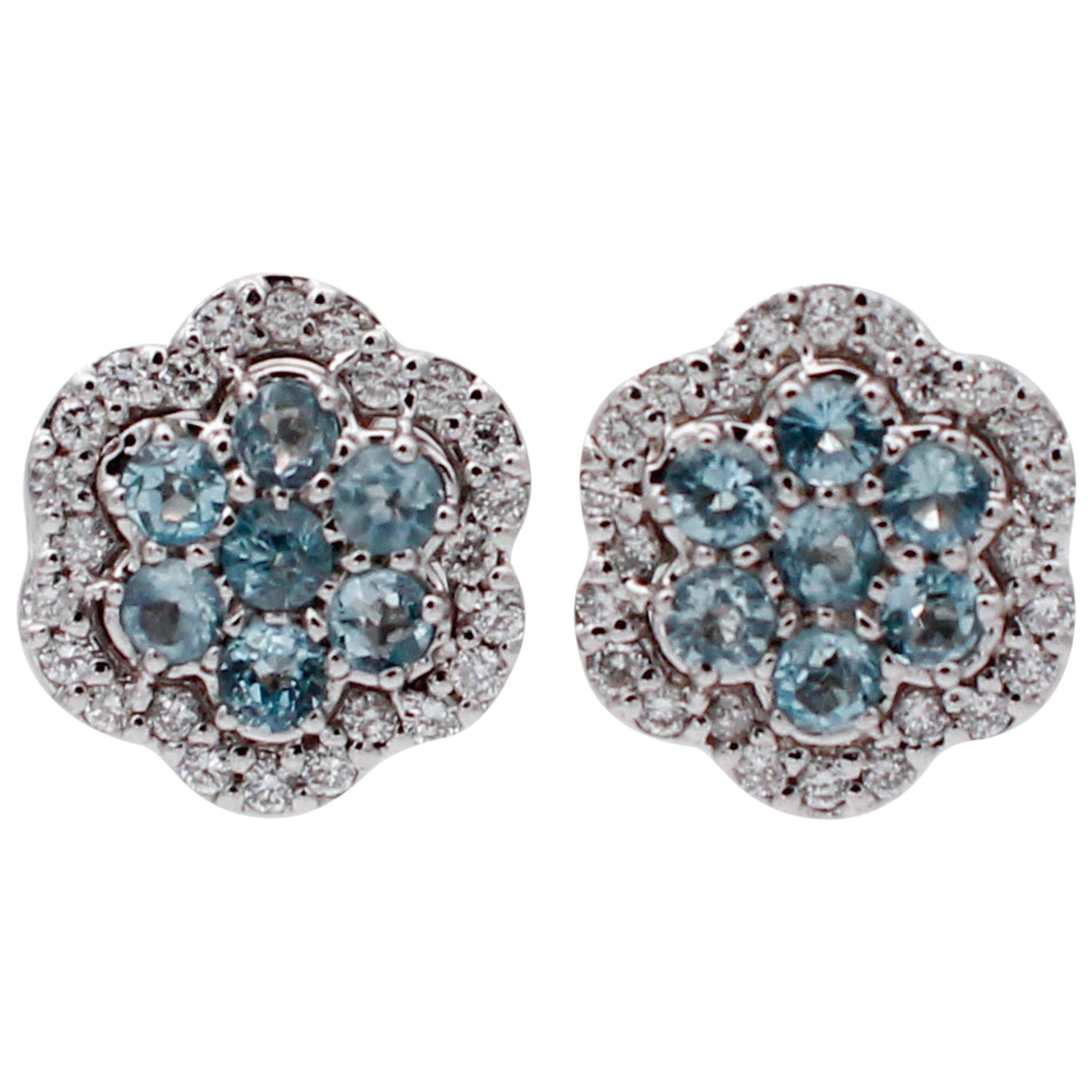 Aquamarine, Diamonds, 18 Karat White Gold Flower Earrings For Sale