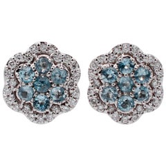 Aquamarine, Diamonds, 18 Karat White Gold Flower Earrings