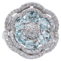 Aquamarine, Diamonds, 18 Karat White Gold Flower Ring.