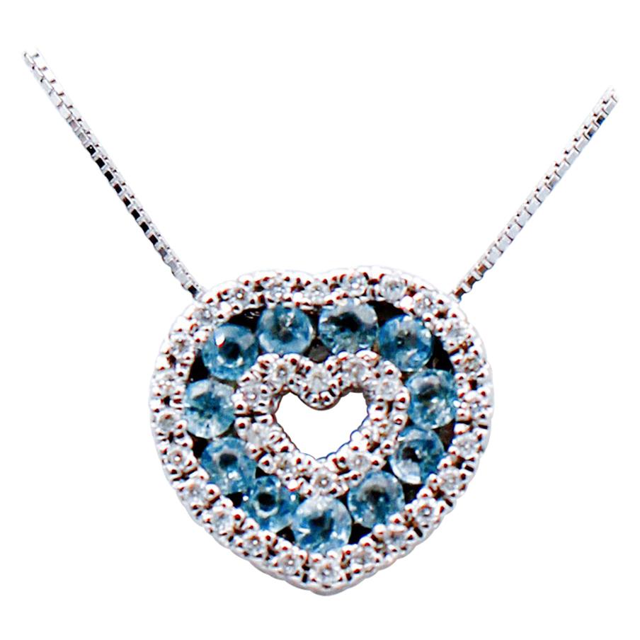 Aquamarine, Diamonds, 18 Karat White Gold Heart Shape Pendant Necklace For Sale