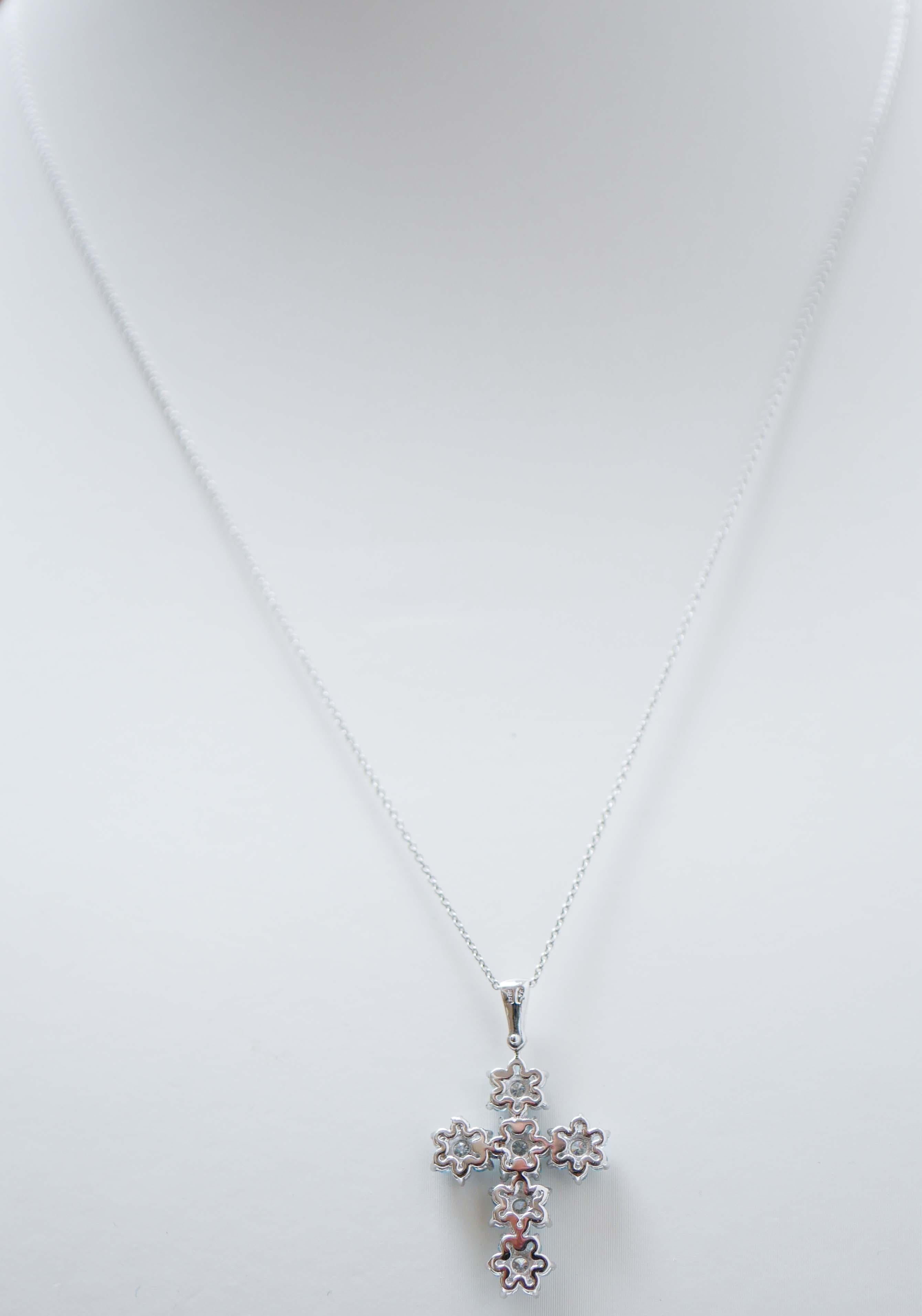 Mixed Cut Aquamarine, Diamonds, 18 Karat White Gold Pendant Necklace. For Sale
