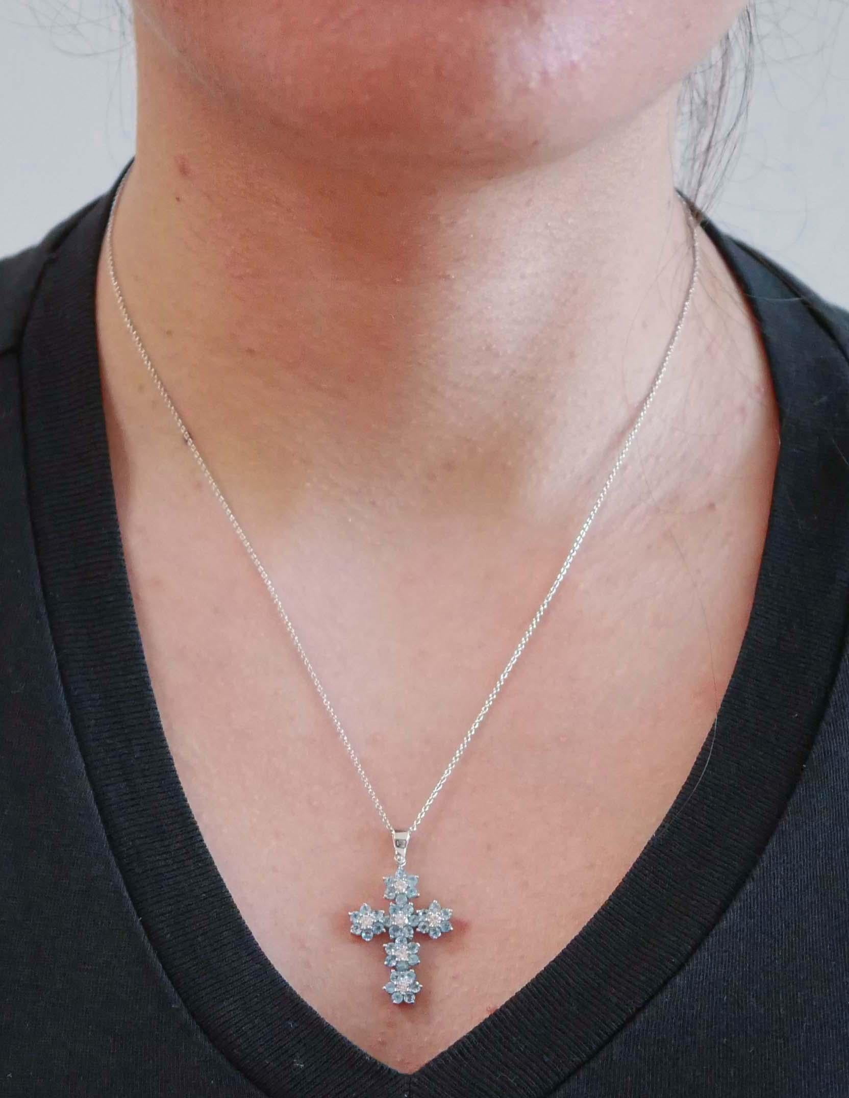 Women's Aquamarine, Diamonds, 18 Karat White Gold Pendant Necklace.