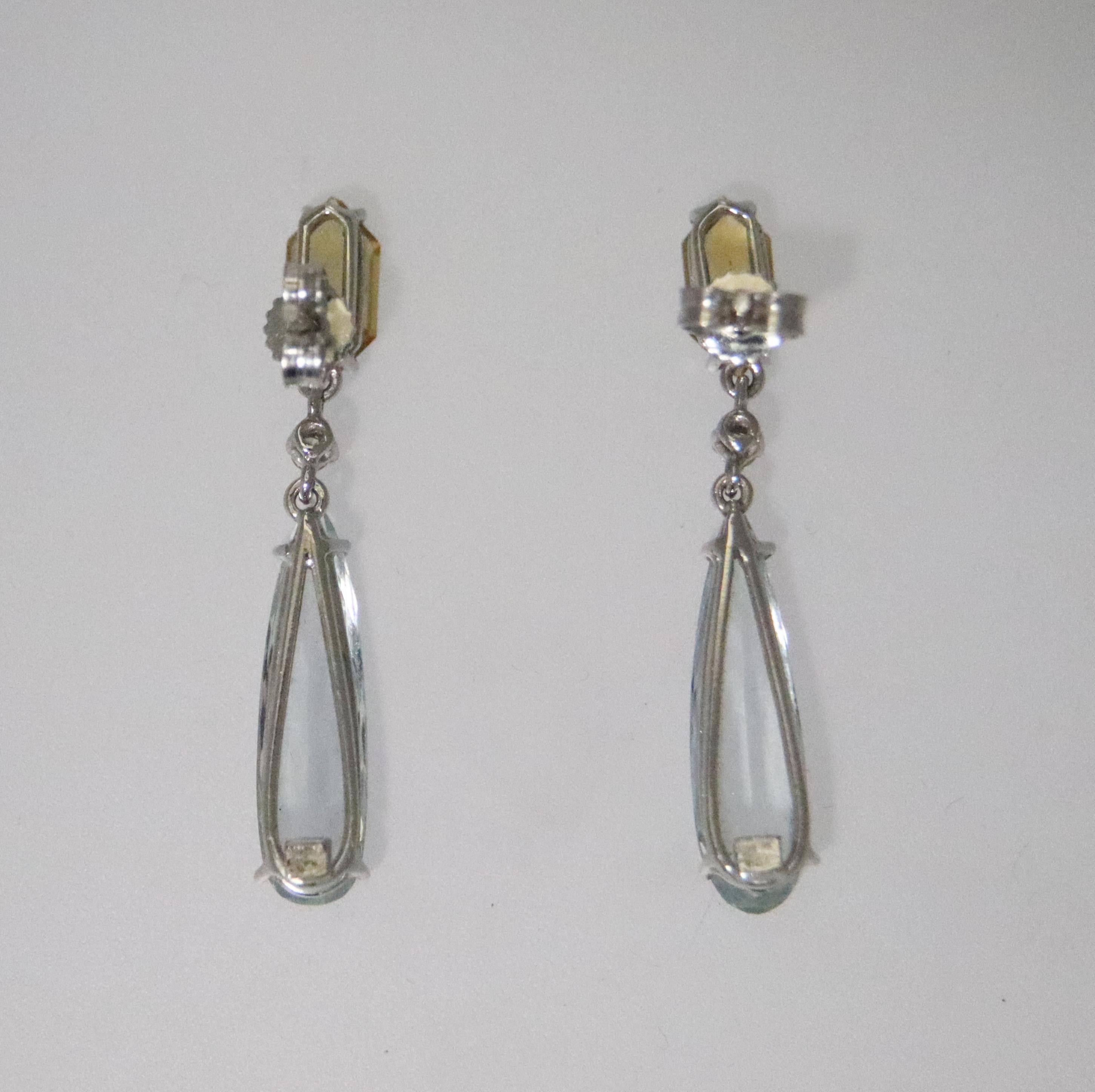 Contemporary Aquamarine Diamonds Citrine 18 Karat White Gold Drop Earrings  For Sale