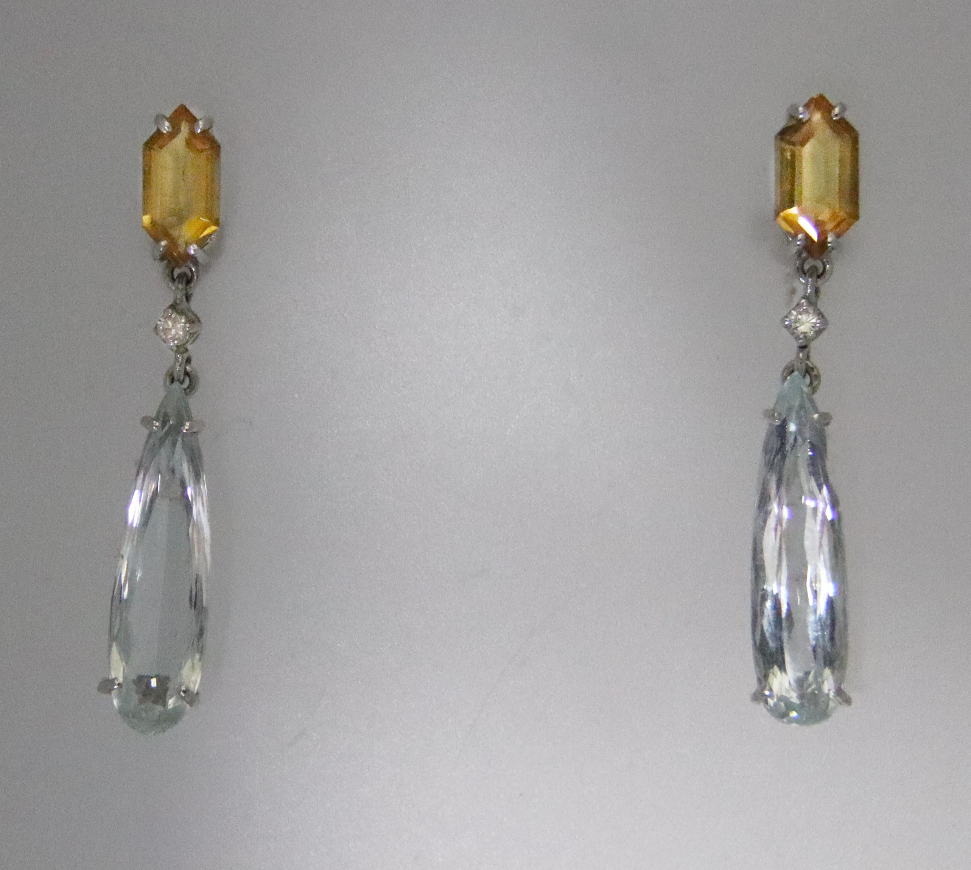 Mixed Cut Aquamarine Diamonds Citrine 18 Karat White Gold Drop Earrings  For Sale