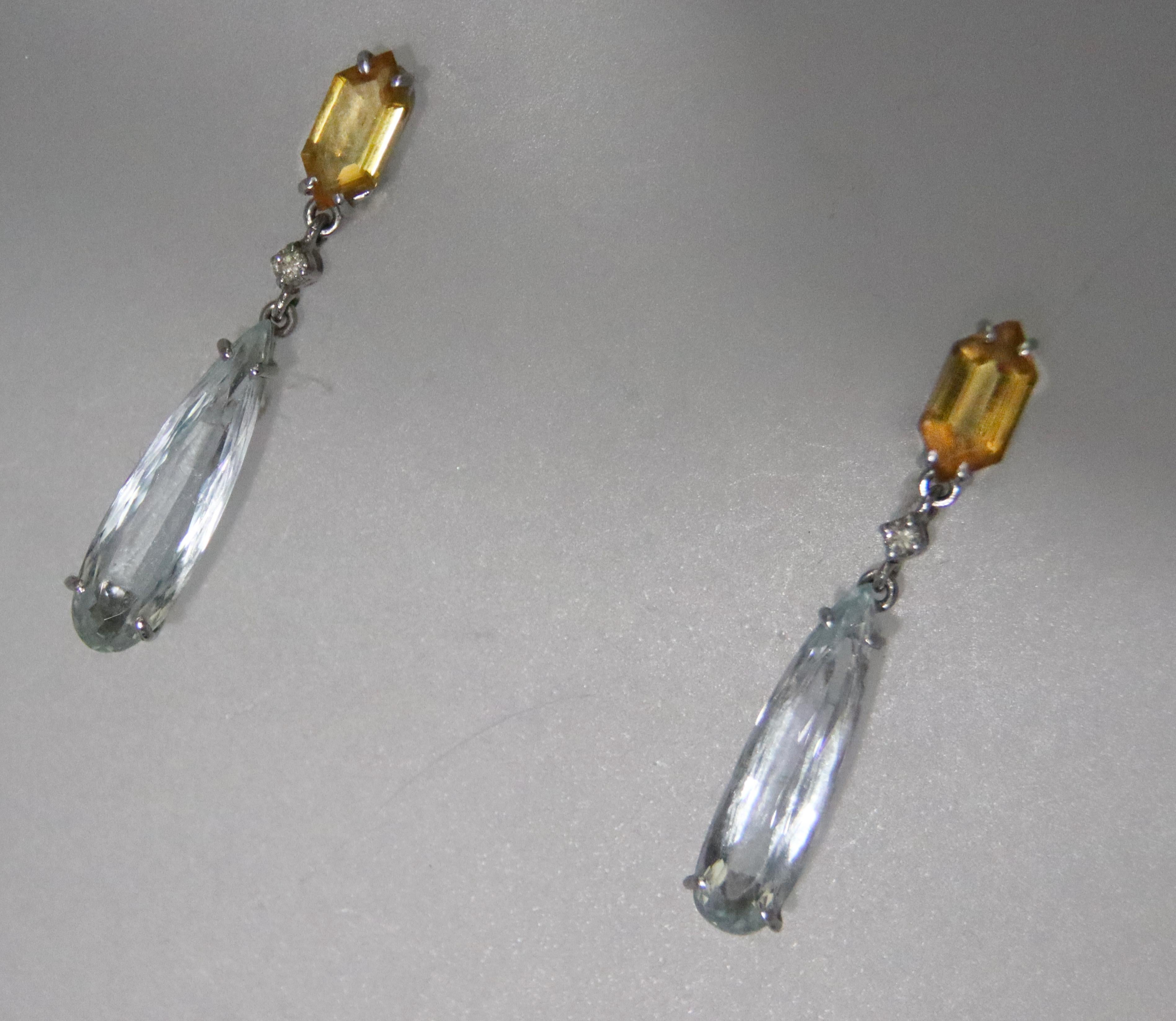 Aquamarine Diamonds Citrine 18 Karat White Gold Drop Earrings  In New Condition For Sale In Marcianise, IT