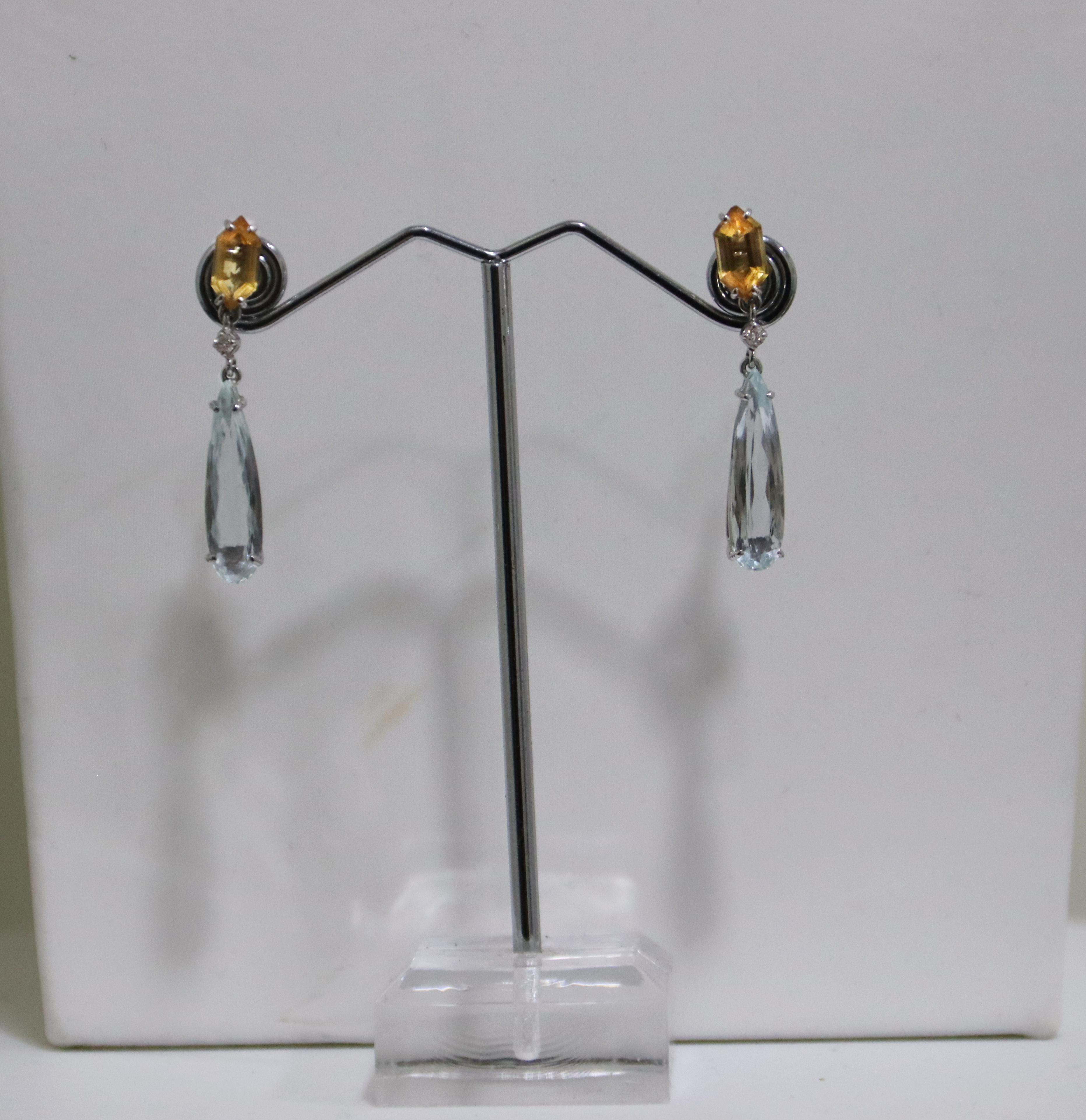 Aquamarine Diamonds Citrine 18 Karat White Gold Drop Earrings  For Sale 1