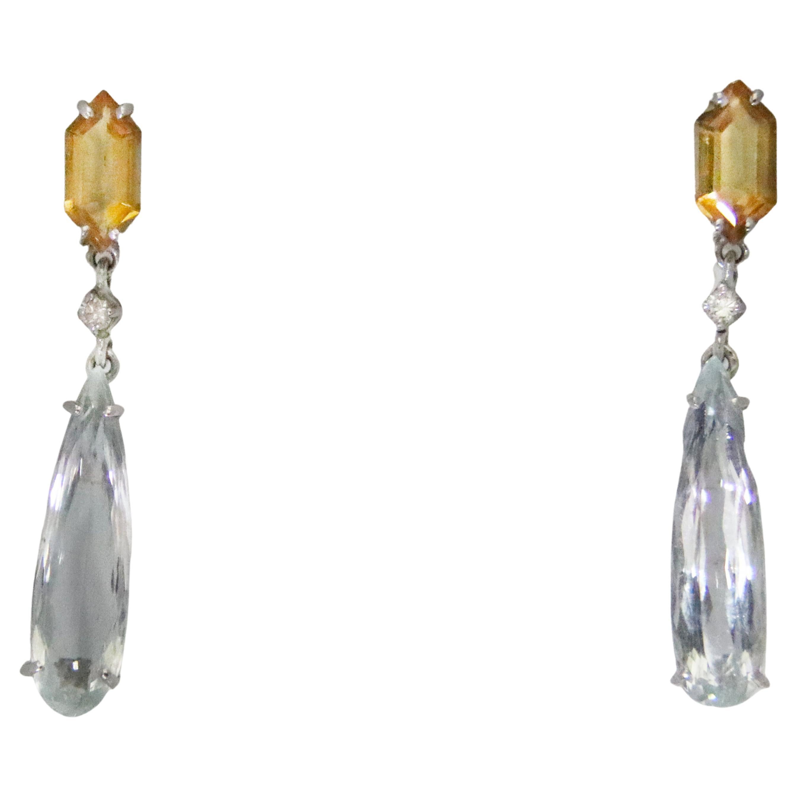 Aquamarine Diamonds Citrine 18 Karat White Gold Drop Earrings  For Sale