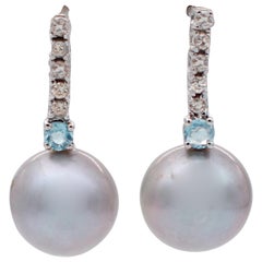 Aquamarine, Diamonds, Grey Pearls, 14 Karat White Gold Dangle Earrings