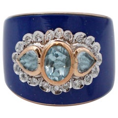 Aquamarine, Diamonds, Lapis, 14 Karat Rose and White Gold Band Ring
