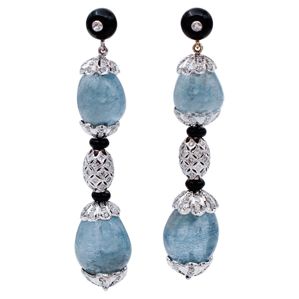 Aquamarine, Diamonds, Onyx, 14 Karat White Gold Dangle Earrings For Sale