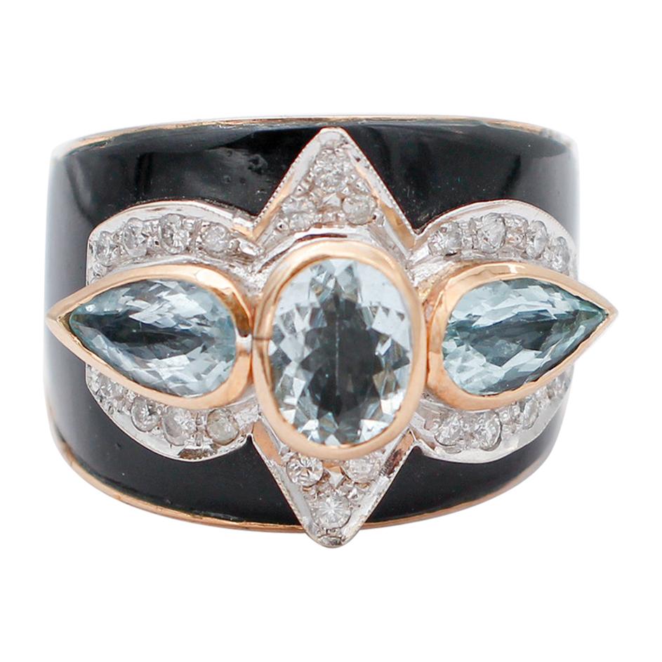 Aquamarine, Diamonds, Onyx, 14Kt Rose and White Gold Band Ring For Sale