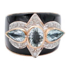 Vintage Aquamarine, Diamonds, Onyx, 14Kt Rose and White Gold Band Ring