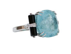 Aquamarine, Diamonds, Onyx, Platinum Ring.