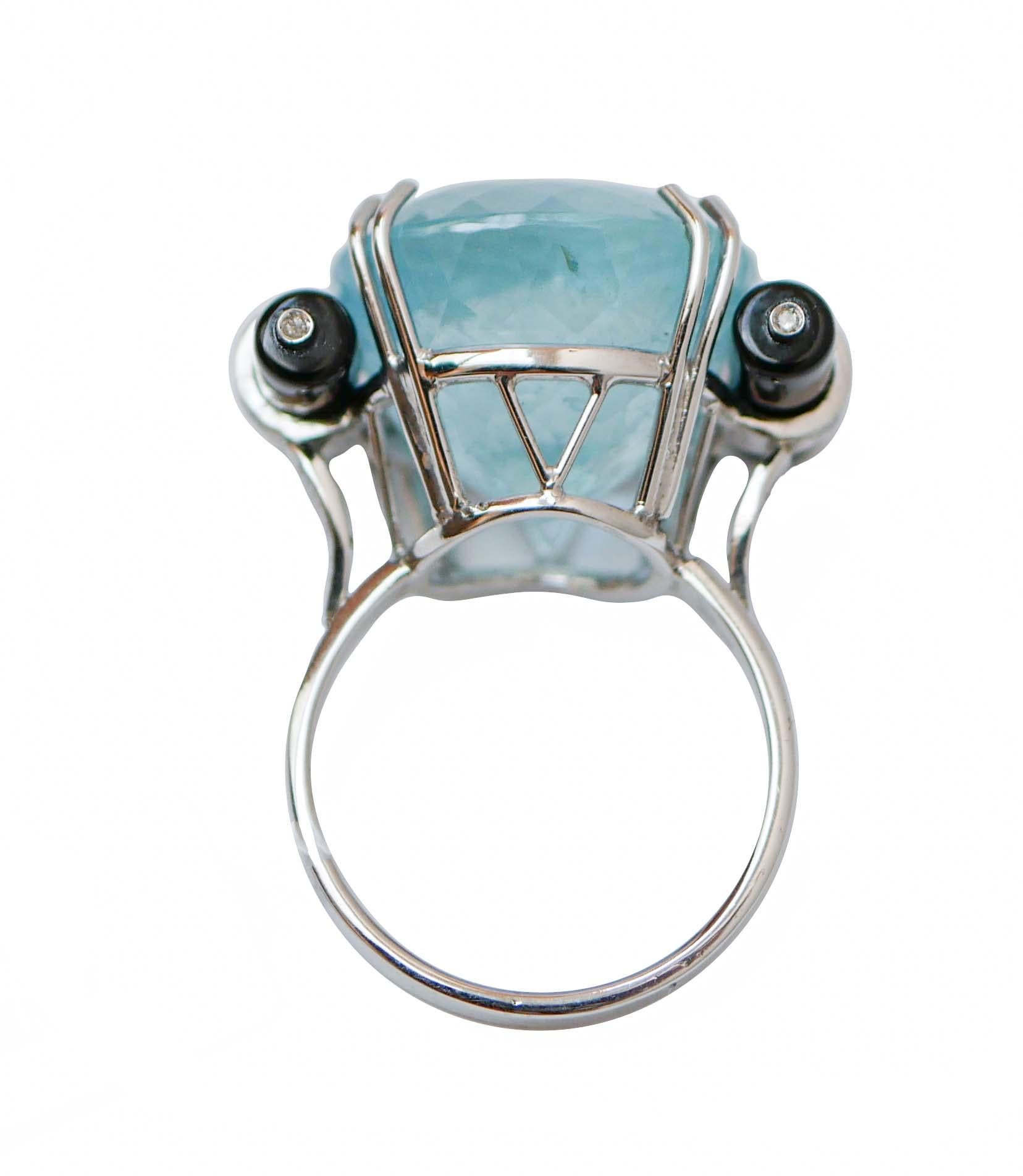 Retro Aquamarine, Diamonds, Onyx, Platinum Ring. For Sale