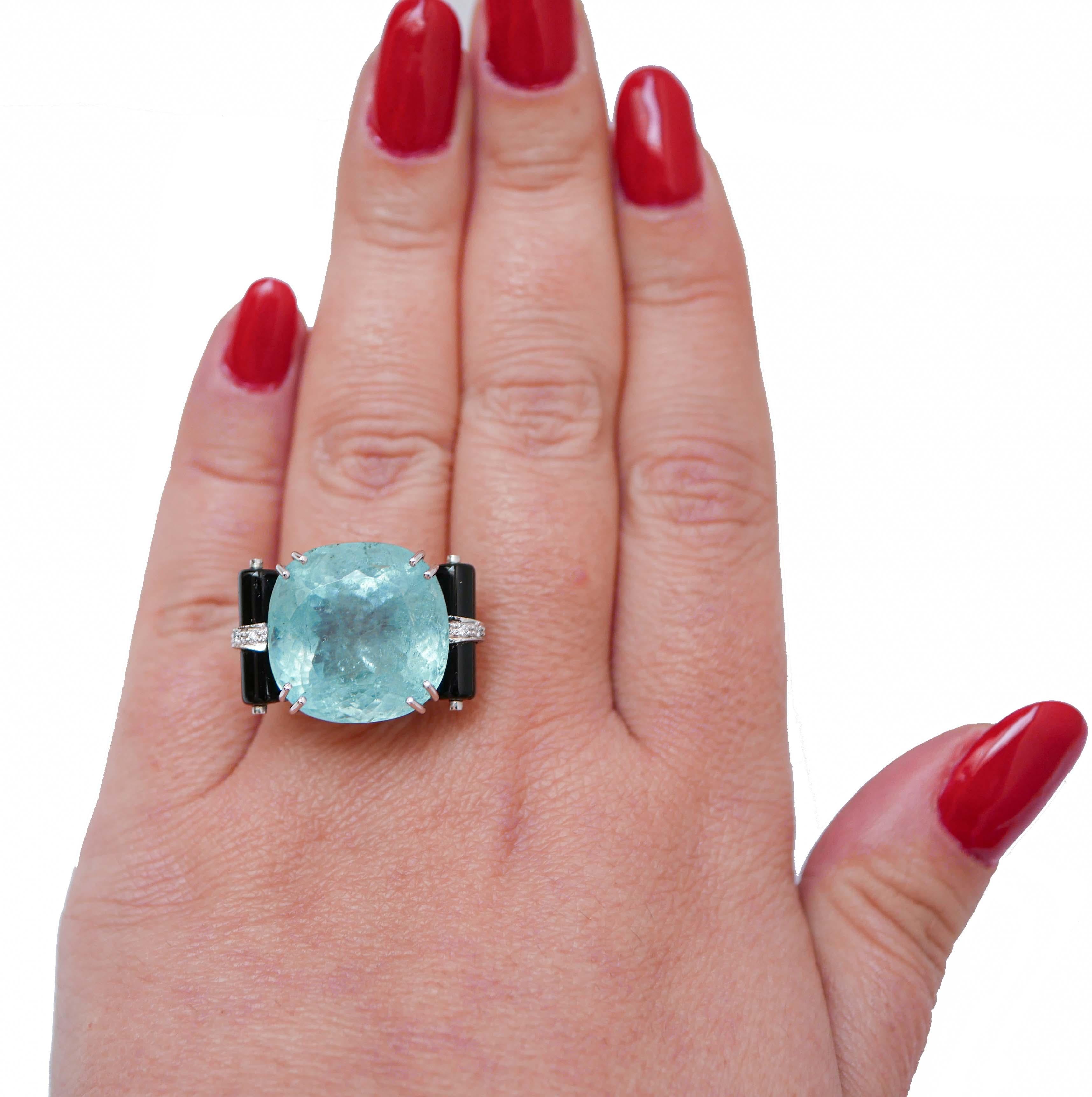 Mixed Cut Aquamarine, Diamonds, Onyx, Platinum Ring. For Sale