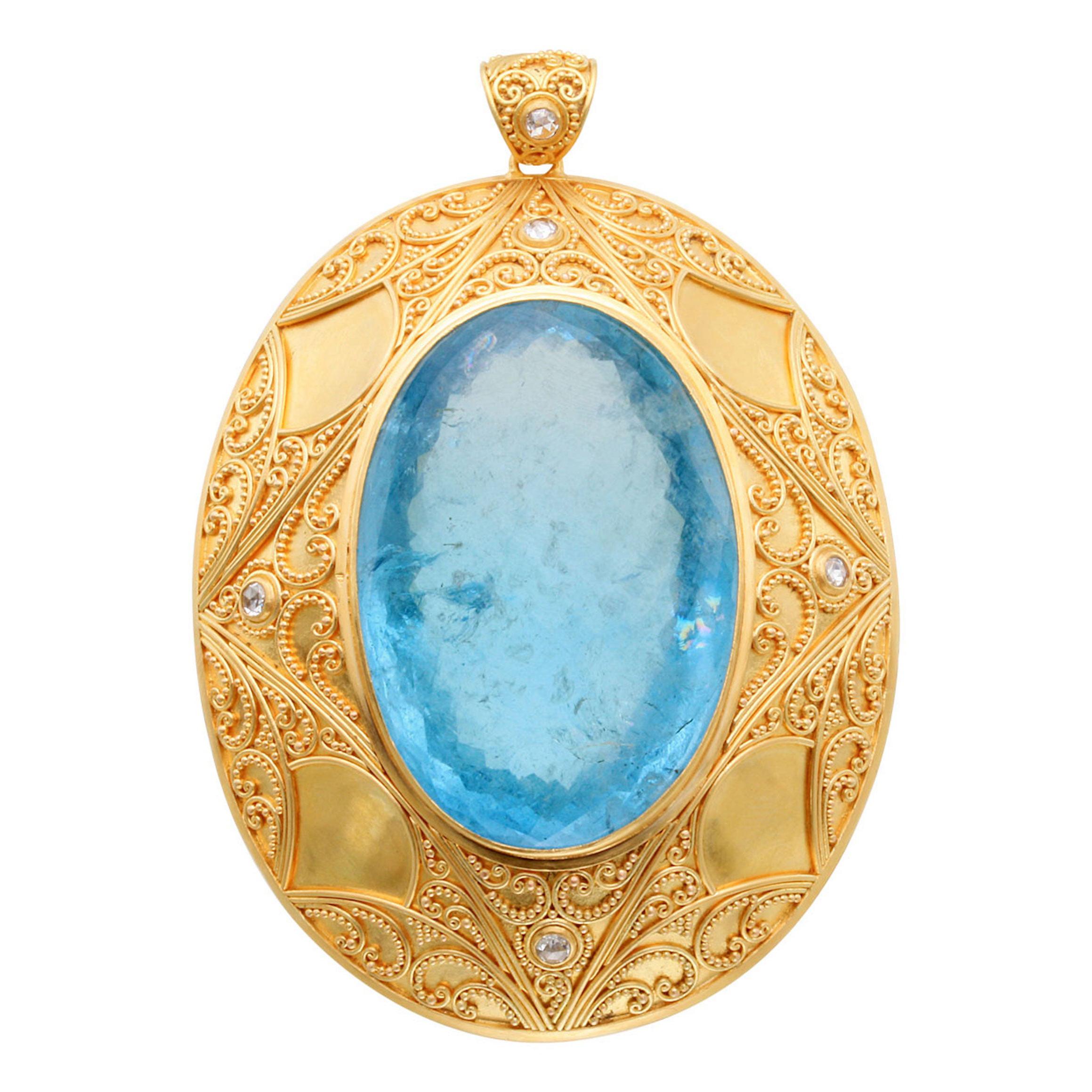 Steven Battelle Aigue-marine 182,3 carats Diamants Or granulé 22K  Pendentif  