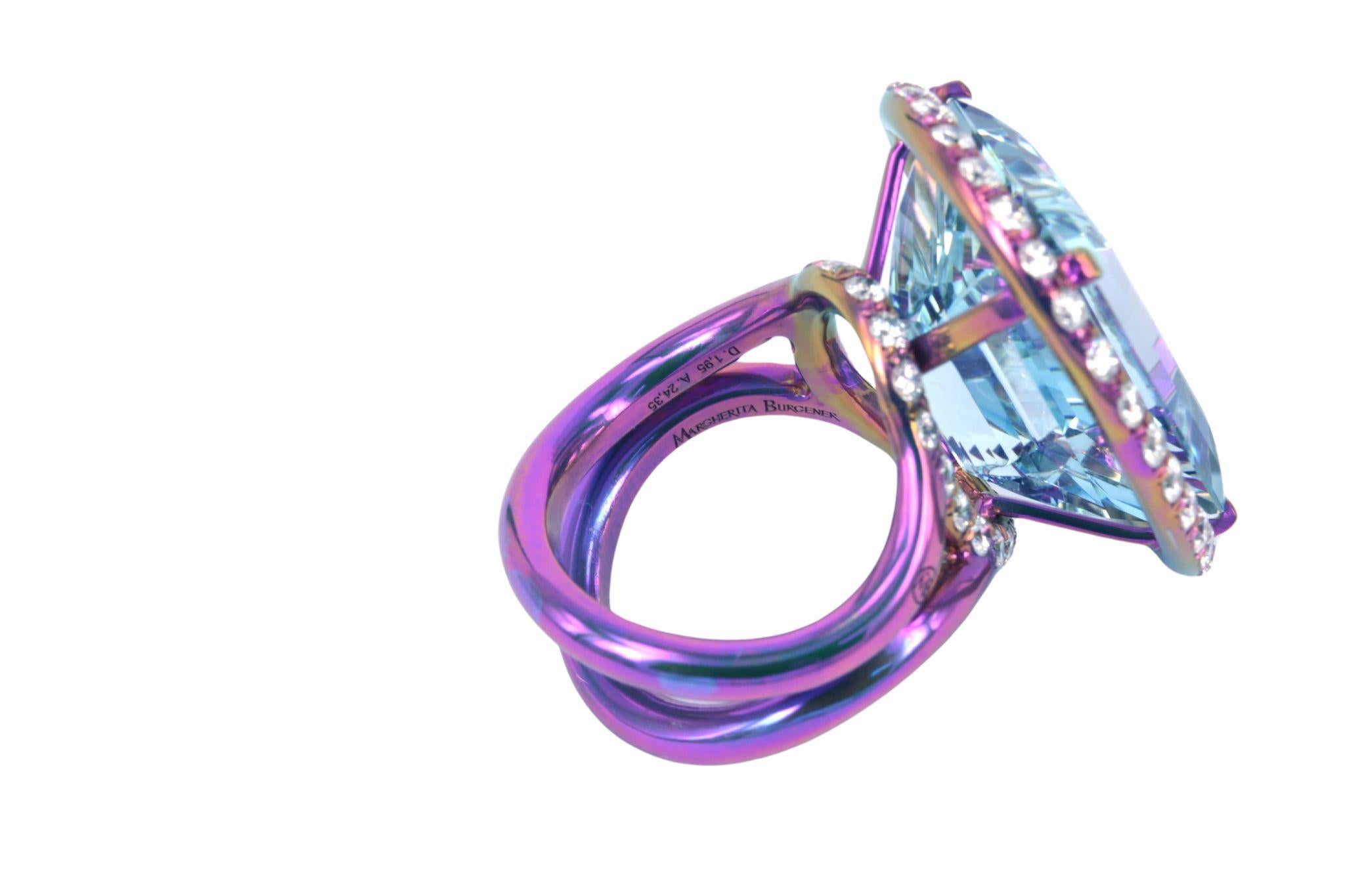 Margherita Burgener Ring, Aquamarin, Diamanten, rosa Titan, hergestellt in Italien Damen im Angebot