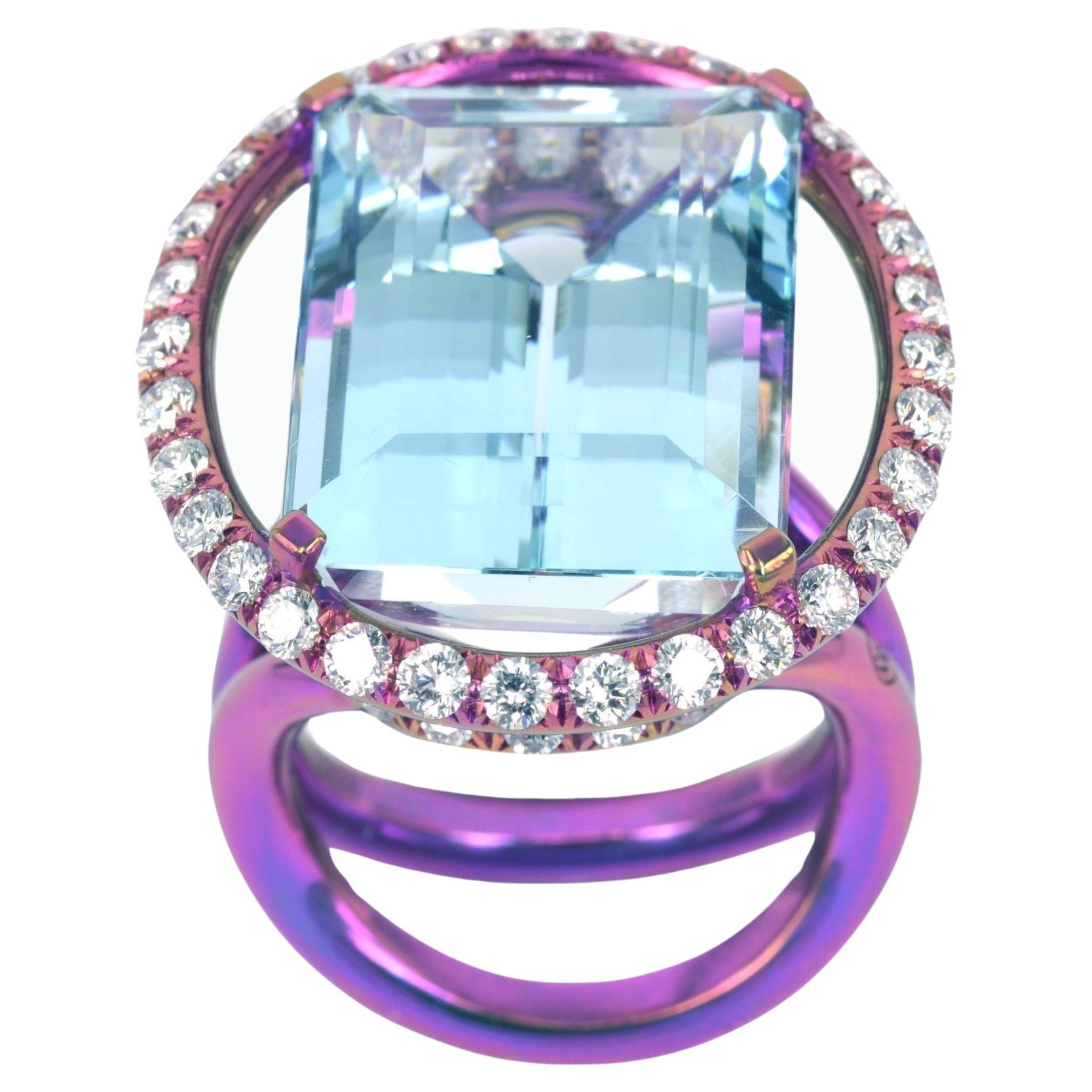 Margherita Burgener Ring, Aquamarin, Diamanten, rosa Titan, hergestellt in Italien im Angebot
