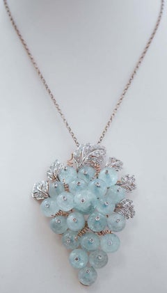 Aquamarine, Diamonds, Rose Gold and Silver Brooch.